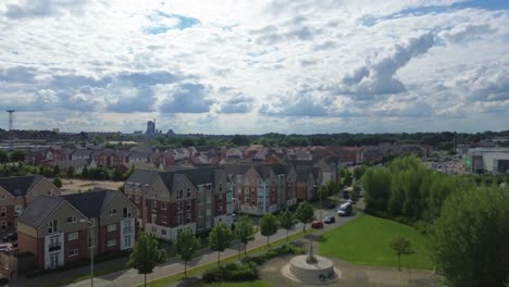 Drone-view-of-Edison-Drive-apartment-complex-in-Rugby,-Warwickshire-in-United-Kingdom