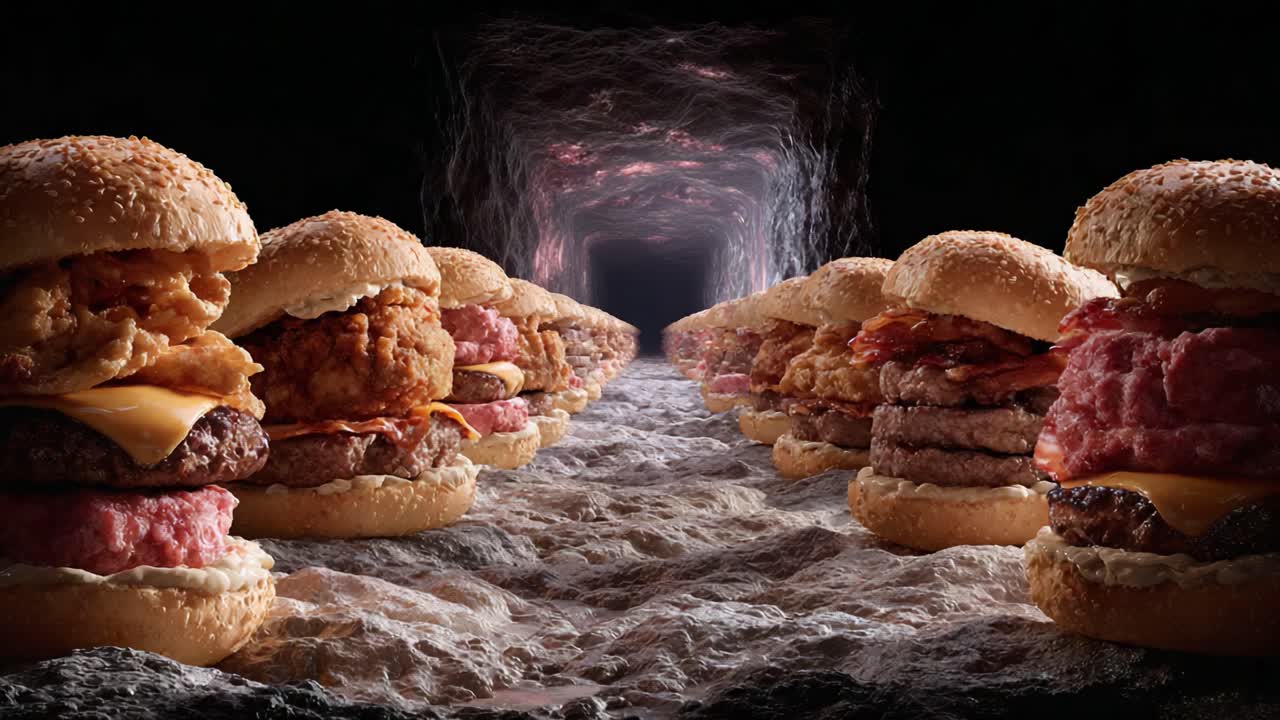 A Mouthwatering Journey Through a Tunnel of Gourmet Burgers: An Impressive Display of Diverse Flavors and Textures in a Photographic Adventure