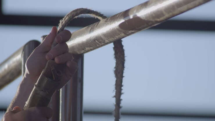 Cowboy ties his bull rope to the metal chute to warm it up before a bull riding rodeo
