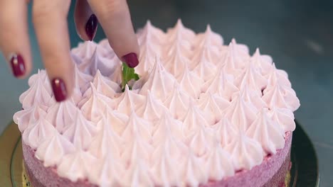 confectioner puts mint leaves on biscuit pink cake top