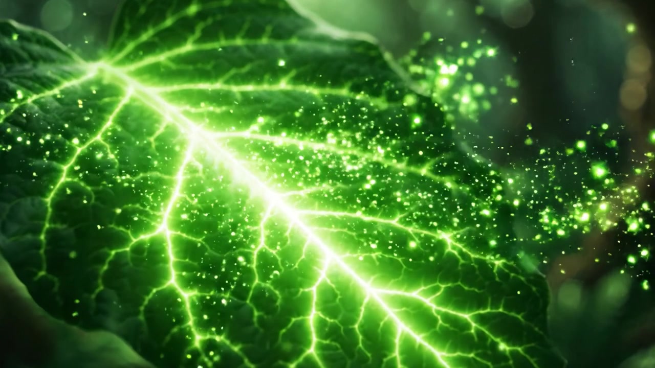 Um Close-Up Cativante de uma Folha Verde Exuberante em uma Floresta Vibrante, Exibindo Veias Intrincadas e um Brilho Mágico em Meio à Natureza Selvagem Serena.