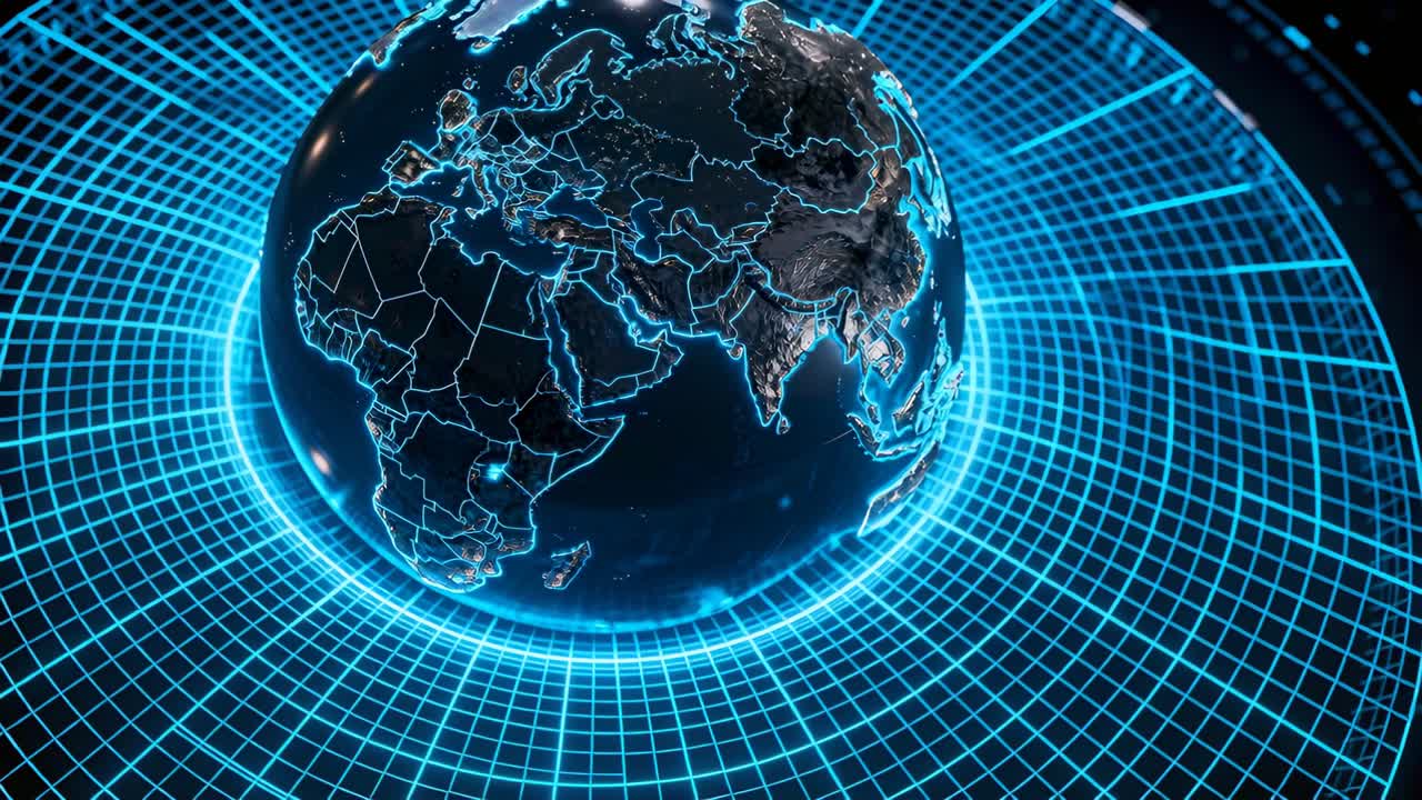 Vertical video: Camera pulling back, exposing rotating neon globe in void above grid with HUD nodes