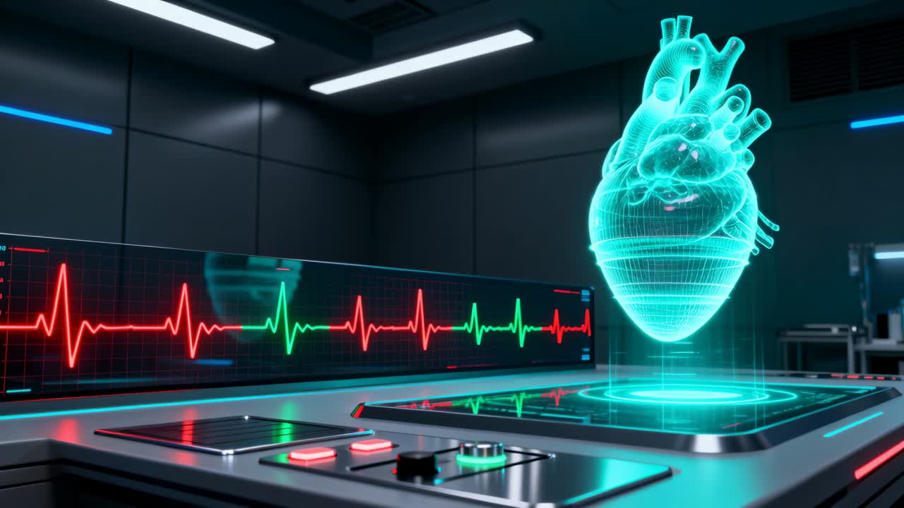 Forma d'onda ECG pulsante che alimenta un cuore olografico ciano rotante sopra una console metallica in laboratorio, con spazio per il testo.
