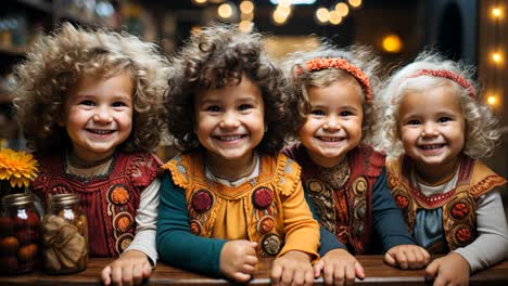 four joyful children in colorful attire smiling at a cozy indoor market