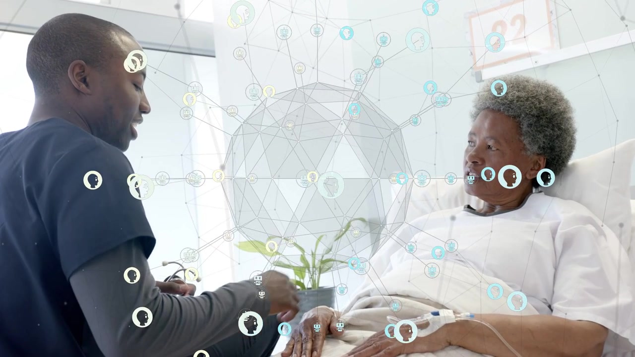 Nurse kneeling bed talking then reaching, adjusting leads while node overlay shows health data