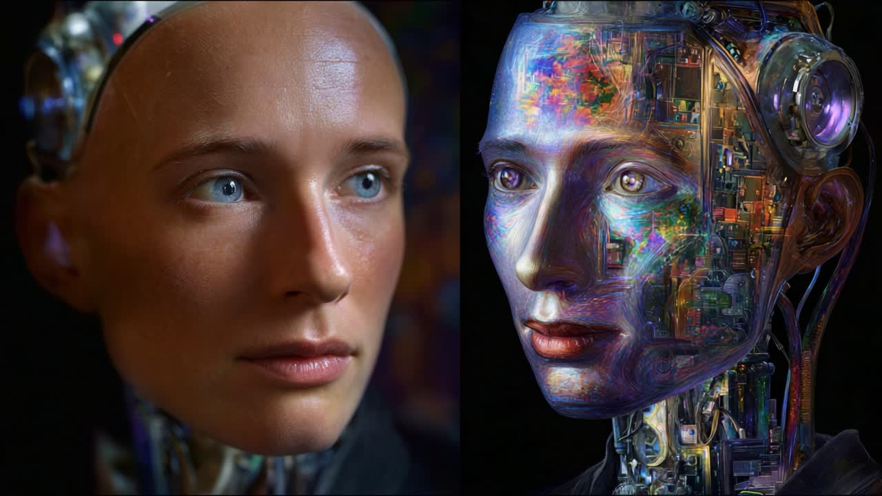 Esplorazione visiva della robotica umanoide: un confronto complesso tra caratteristiche facciali realistiche e componenti meccanici avanzati