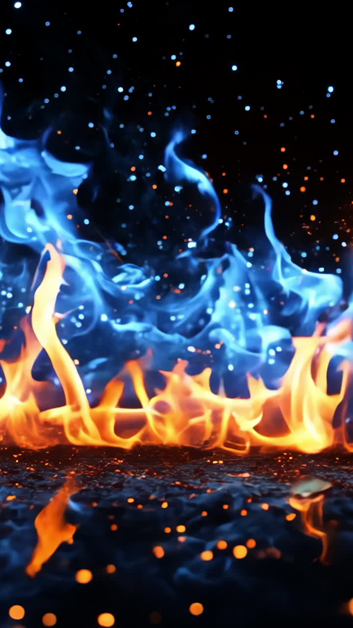A blue and orange flame with a lot of sparks. The fire is very large and is surrounded by a lot of sparks