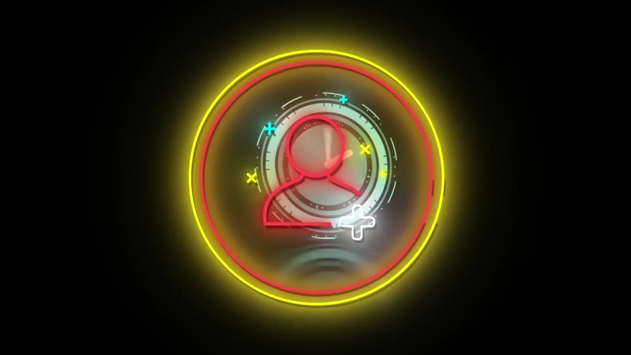 animación del icono de persona de neón rojo en anillos amarillos y rojos, con reloj y cruz parpadeante en negro