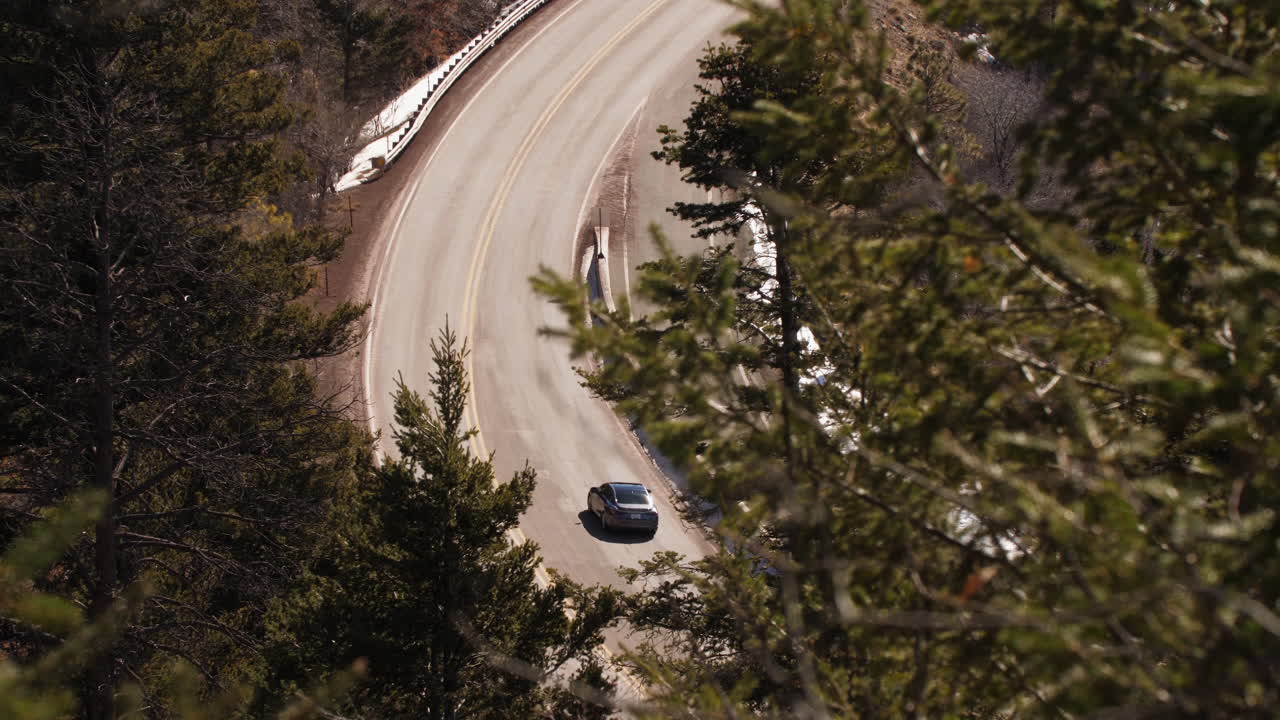 Auto che percorrono una strada di montagna tortuosa nel bosco, con teleobiettivo