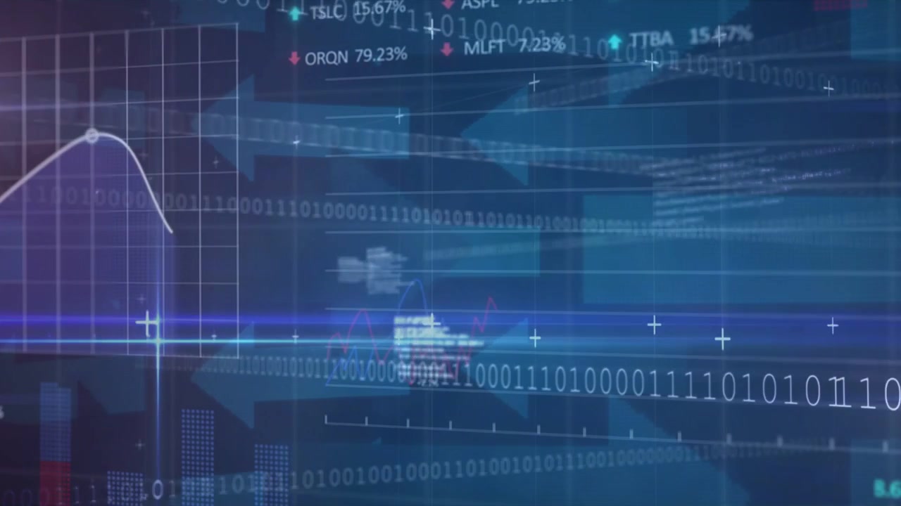 Central blue scan band sweeping rightward, initiating binary ribbon, revealing finance charts