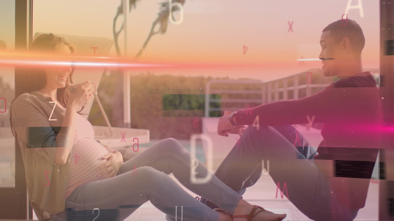 Expectant mom sipping mug, causing overlay of floating text and pink band sweeping, parenting