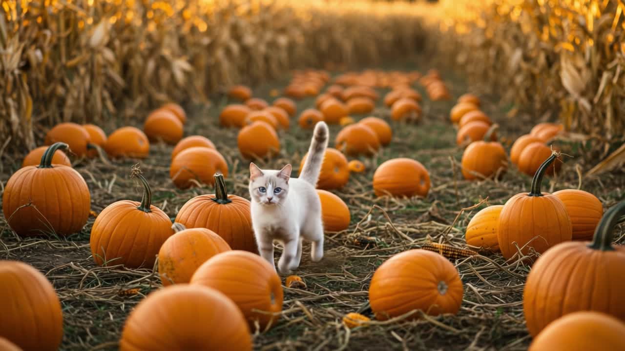 A Playful Cat Explores a Vibrant Pumpkin Patch During Autumn, Surrounded by Rows of Lush Orange Pumpkins Under a Glorious Fall Sunlight