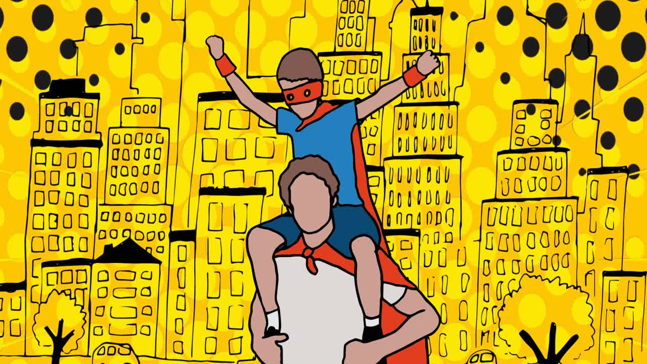 animación de una familia feliz abrazándose sobre un fondo amarillo