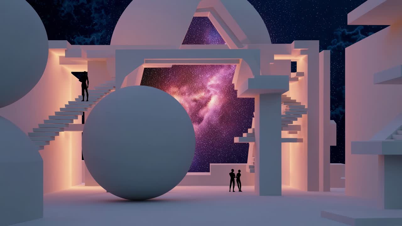 Tourists observing cosmic nebula through expansive windows, standing inside sleek white architectural space featuring glowing orange spheres and illuminated stairways