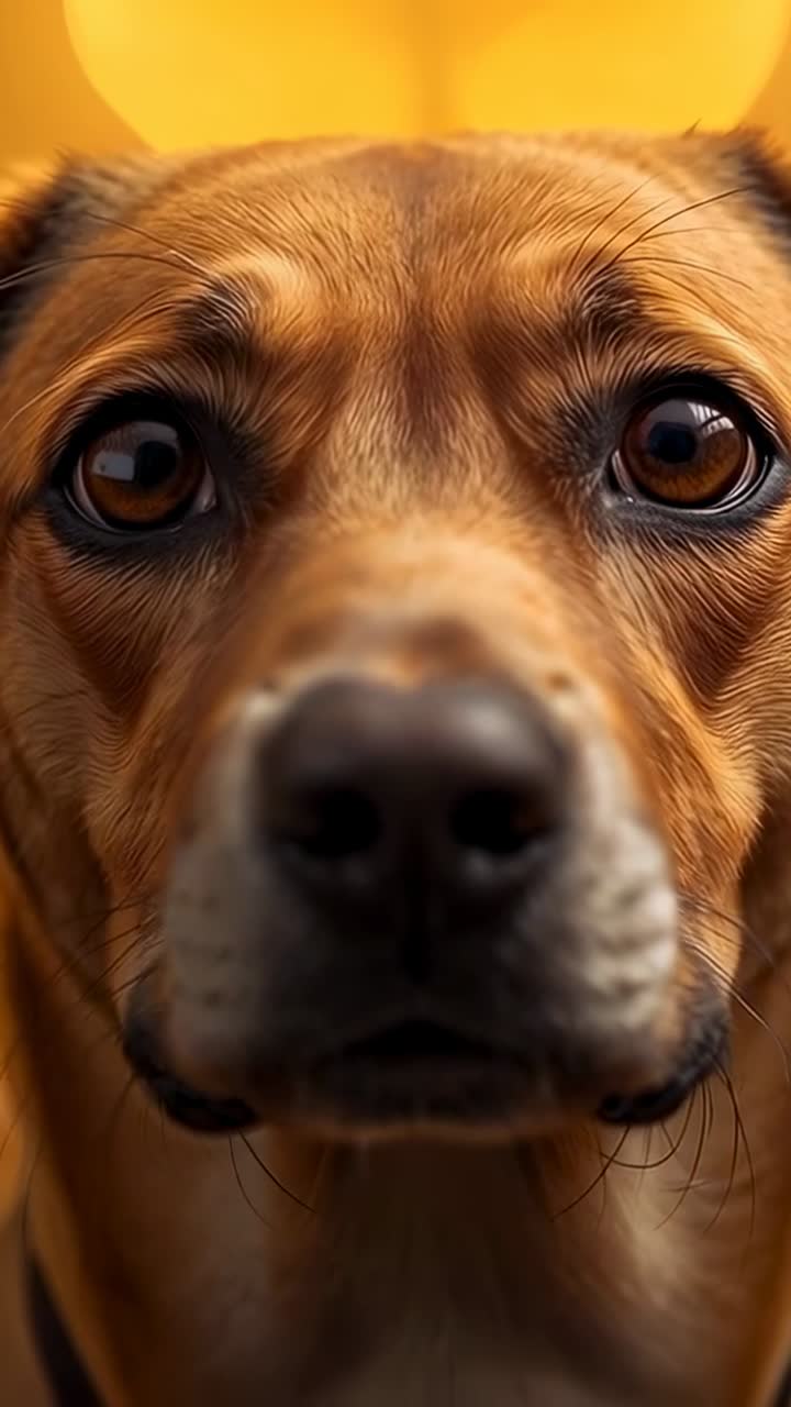 Vertical video: Pulling back camera, brown dog holding gaze at home, revealing nose and eyes