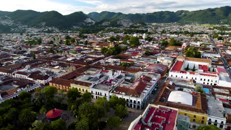 drone shot touring the main square and the town of san cristobal de las casa in chiapas, mexico