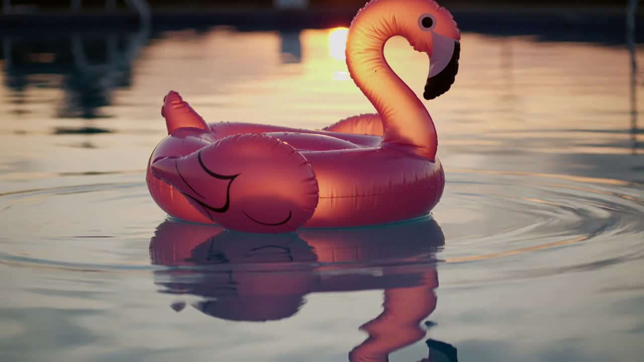 Pink inflatable flamingo float drifting as wind starting, nudging ripples and showing sunset glow