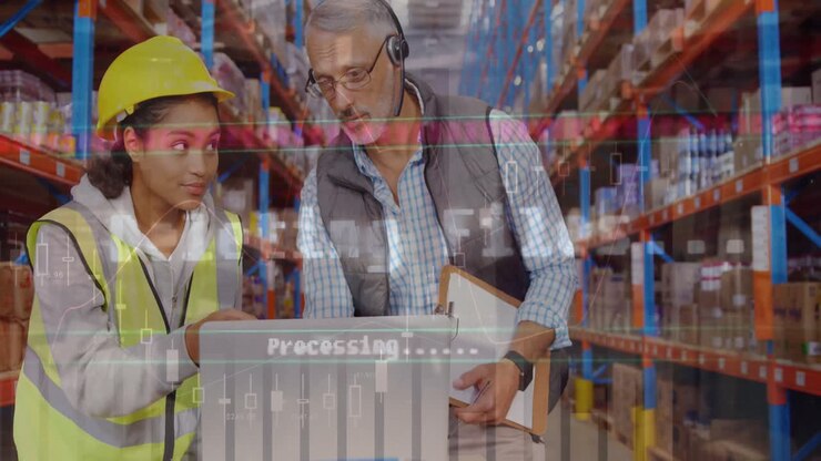Animation of financial data over diverse female and male warehouse workers