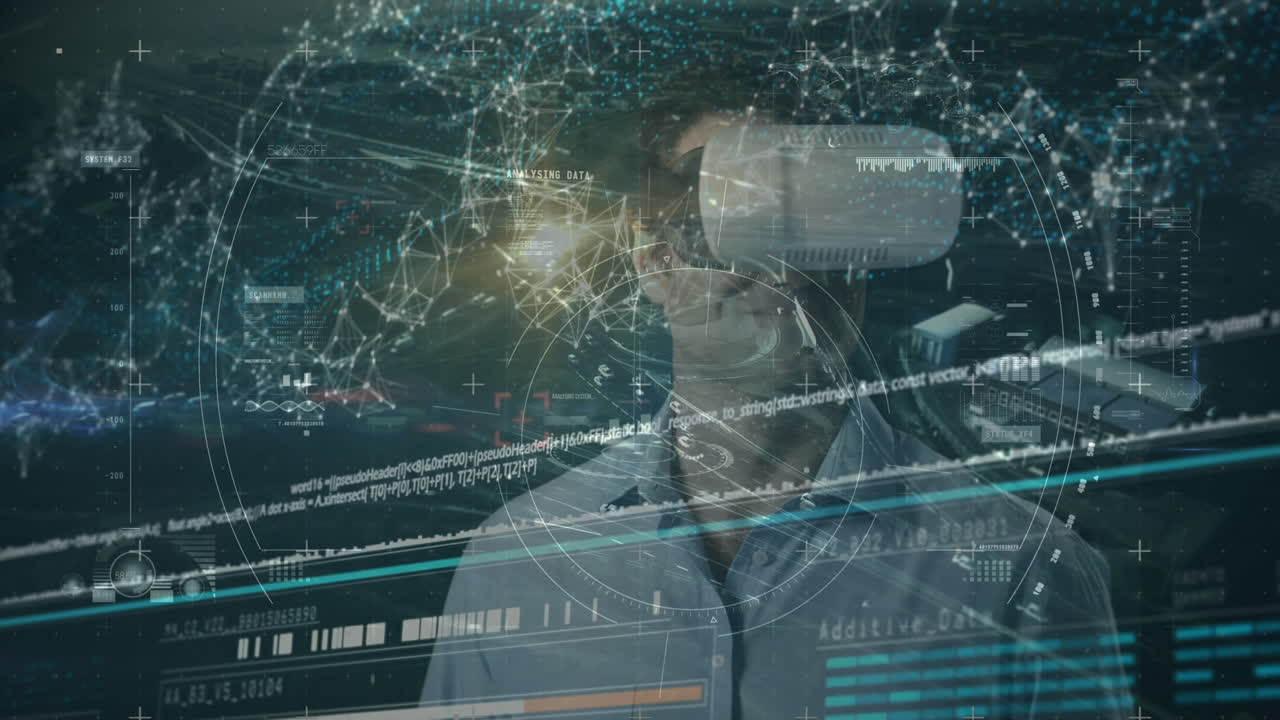 스 스캔 및 데이터 처리의 애니메이션이 vr 헤드을 사용하는 두 인종 남성