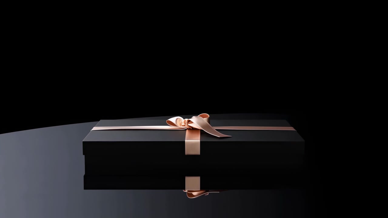 Matte black gift box with rose-gold satin ribbon and decorative bow opens on glossy black reflective tabletop, showing elegant luxury packaging, centered composition, soft studio light, and clean