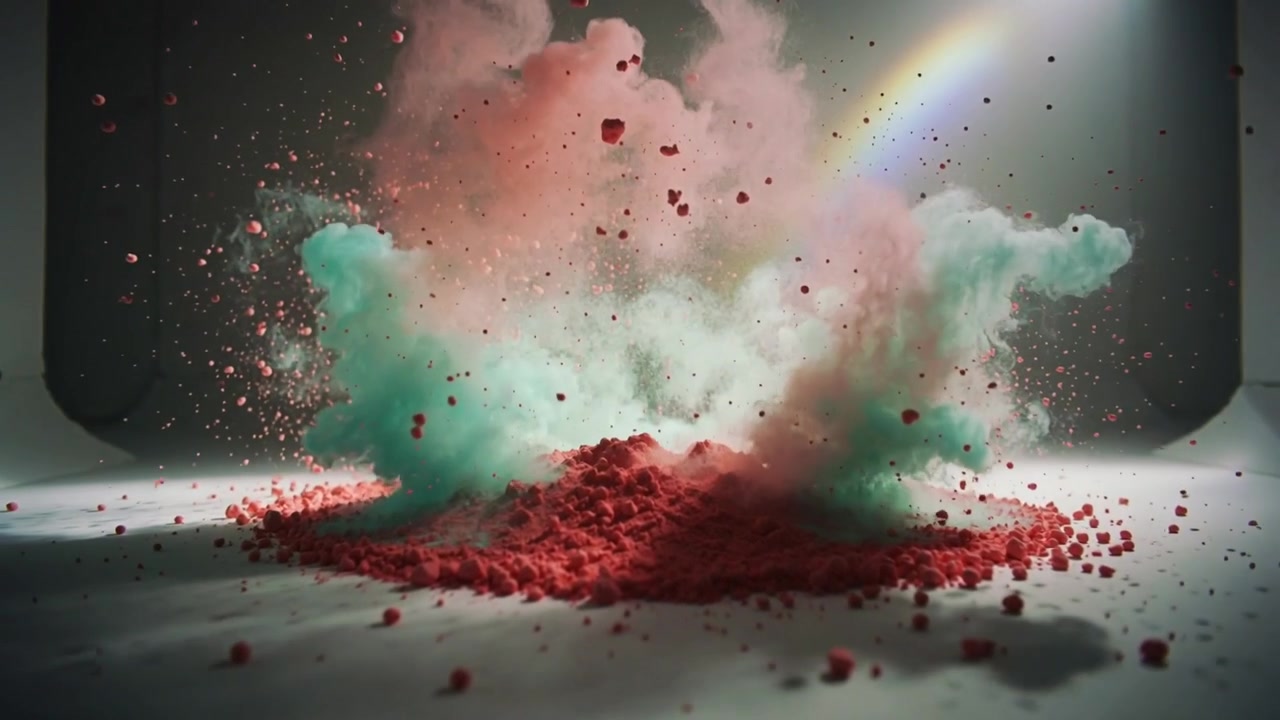 Pink and teal powder erupting after impulse under pile on cyclorama, forming red mound for camera