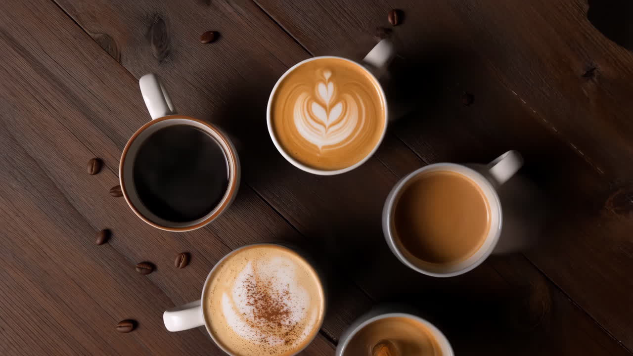 Assortment of Coffee Drinks on a Wooden Table with Coffee Beans