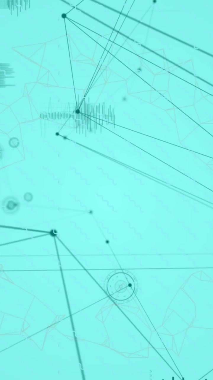 Animation of network of connections with data processing and shapes over blue background