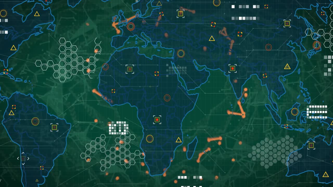 Neon-outlined world map being animated as flat design UI, showing hex grid clusters and node arrays
