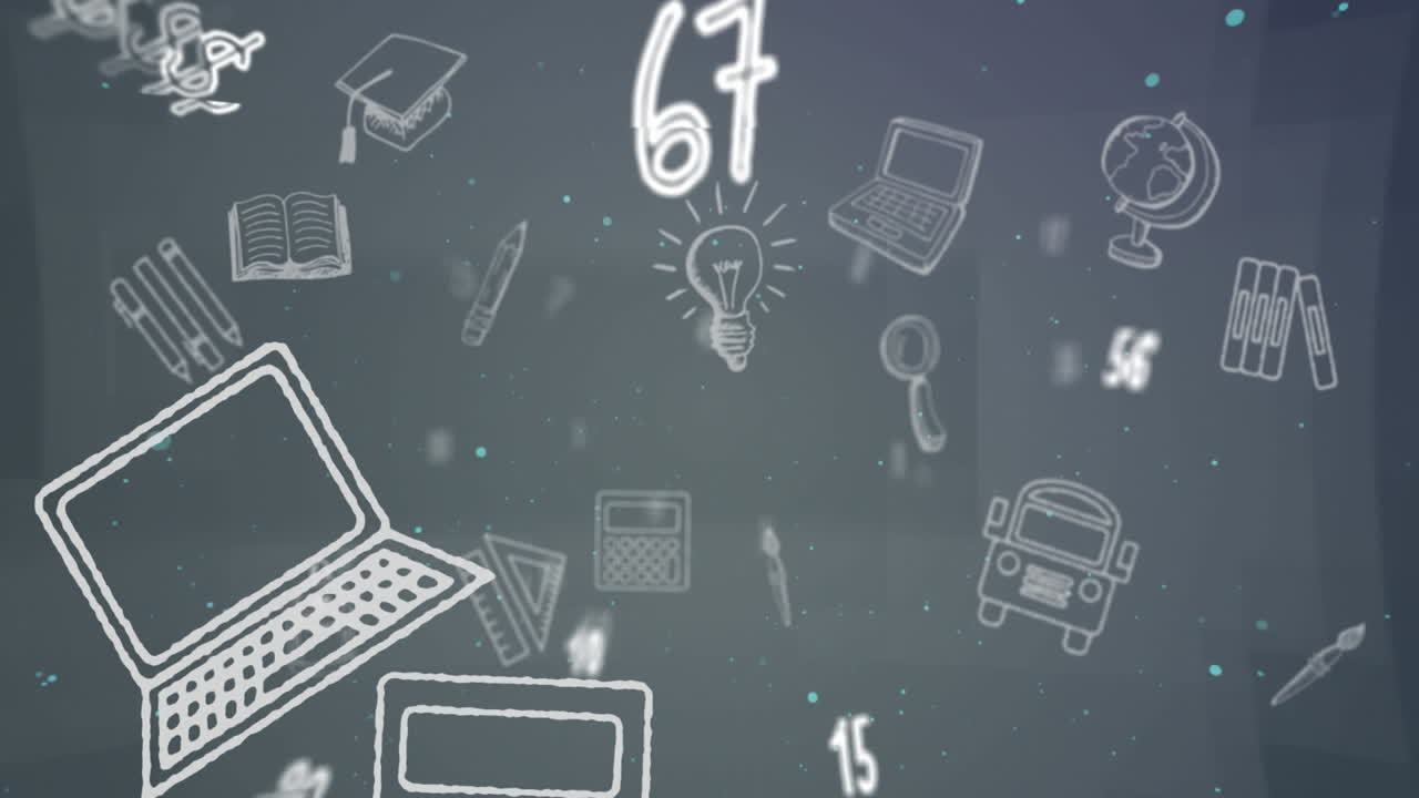 Animation of falling white numbers and lschool items on grey background