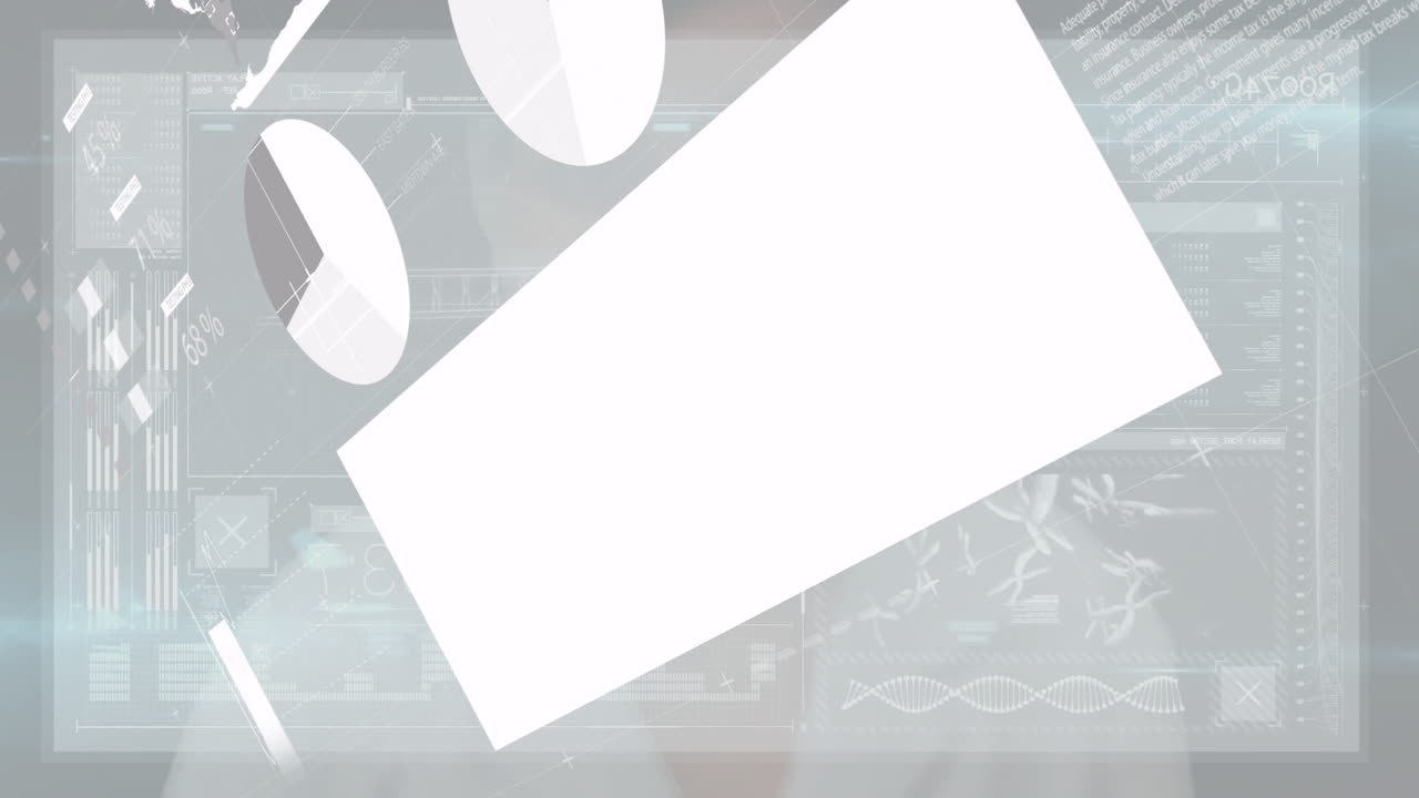 Futuristic data interface with DNA strand and geometric shapes overlay animation