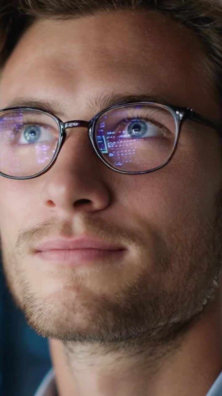 Un giovane uomo concentrato con gli occhiali che guarda intensamente il suo schermo, impegnato in analisi e riflessioni in un ambiente digitale dinamico