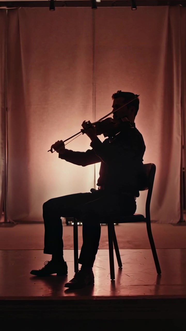 Video verticale: Violinista seduto che suona il violino con l'archetto sul palco, in abiti scuri formali.