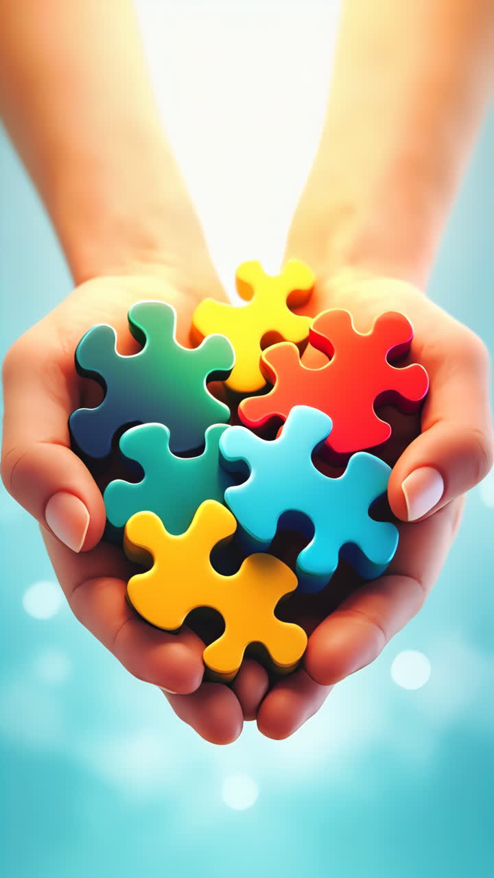 Hands Holding Colorful Puzzle Pieces Symbolizing Unity and Awareness