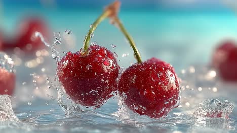two fresh cherries splashing into water on light blue background