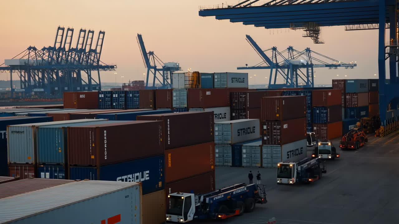 A busy shipping port at dusk with stacked containers and moving vehicles
