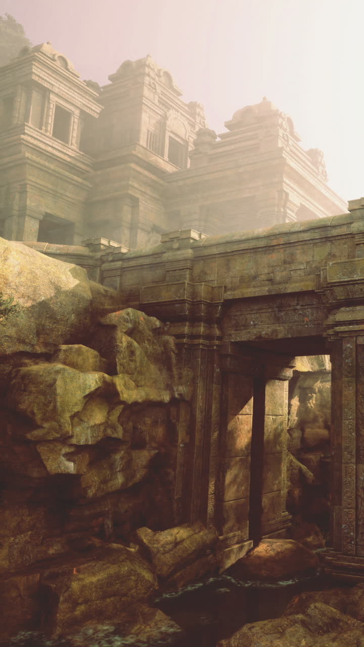 Misteriose rovine antiche si ergono tra rocce avvolte nella nebbia in un paesaggio sereno.