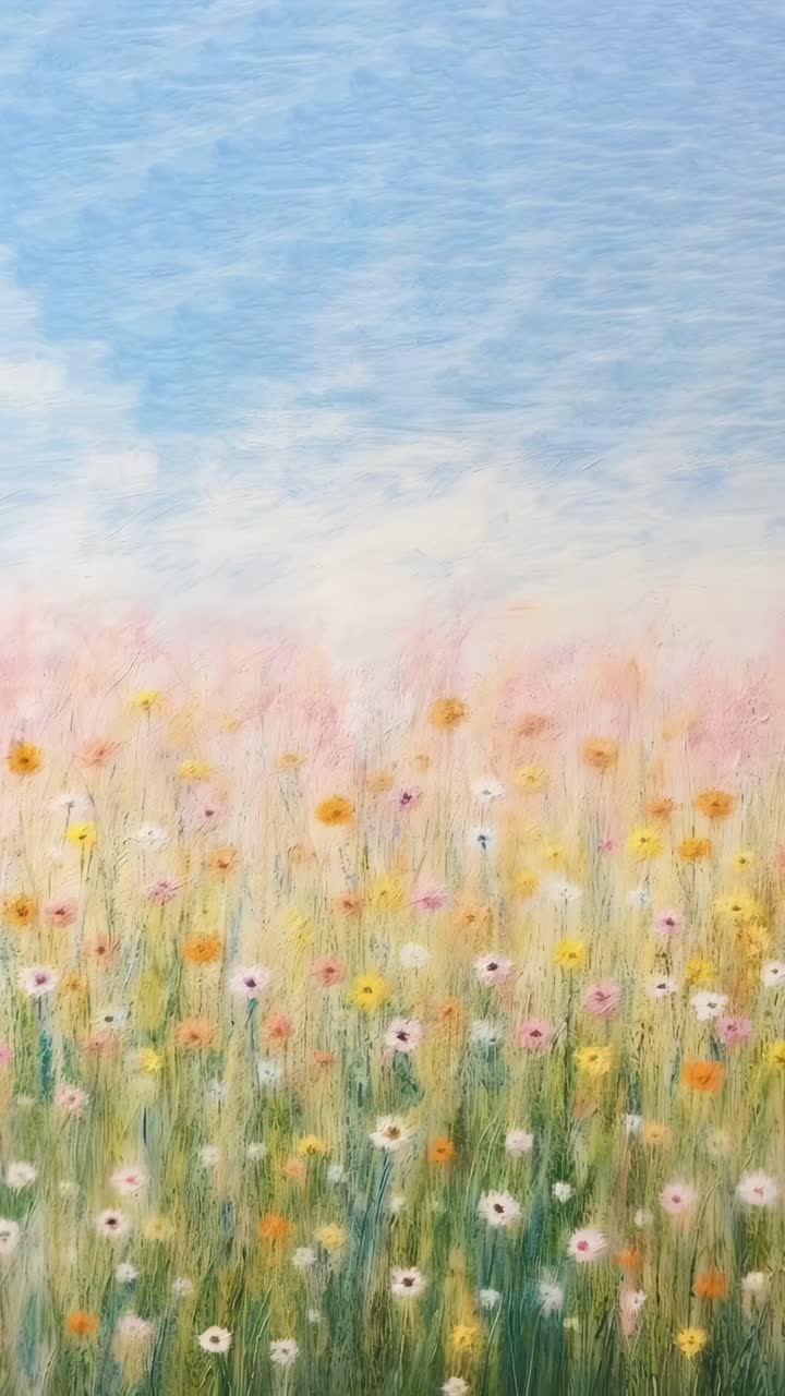 A dreamy, low-angle video concept capturing a vibrant wildflower meadow under a soft blue sky
