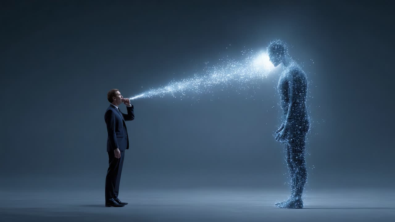 A mesmerizing visual representation of communication between a human figure and a digital entity, highlighting the interplay of light and technology in an imaginative setting