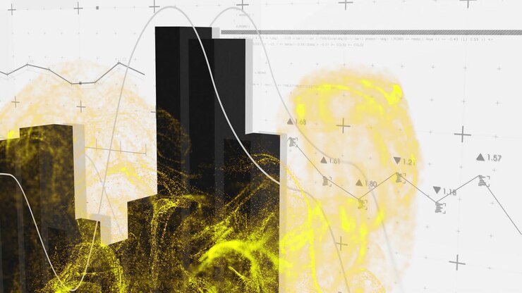 Dark blocks forming stepped bars while yellow cloud appearing lower-right sweeping to reveal trend
