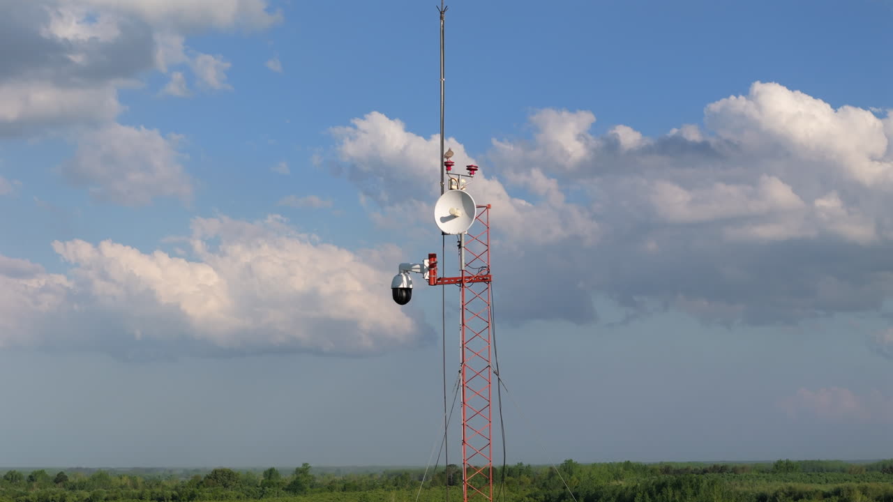 Security camera mounted alongside satellite dish atop communications tower, monitoring landscape beneath cloudy skies.