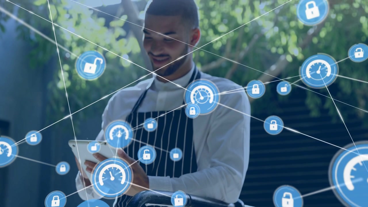 Chef tapping tablet on rail adding blue HUD nodes forming network around him securing orders