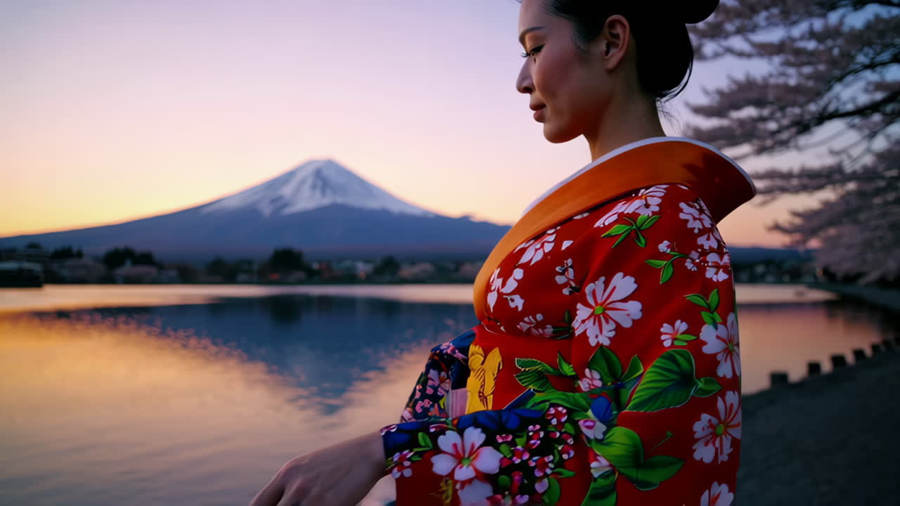 Woman in Kimono Admiring Mount Fuji and Cherry Blossoms at Sunset