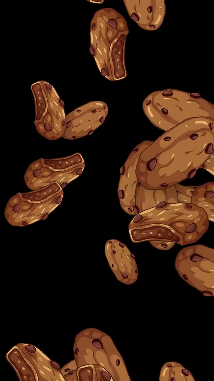 Cartoon chocolate chip cookies fall and tumble through a dark vertical frame with dynamic movement.
