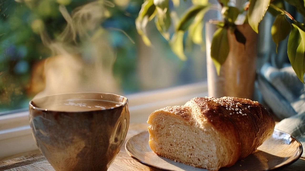 Bevanda calda fumante e pane fresco in una mattina di sole