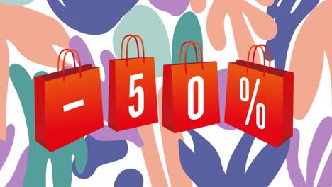 animación del 50 por ciento de descuento escrita en bolsas de compras rojas sobre formas abstractas pastel de fondo