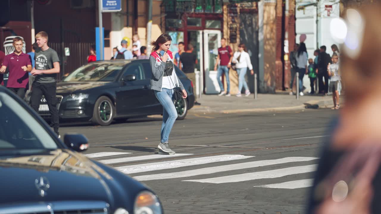 People walking on zebra. Busy city people on zebra crossing street