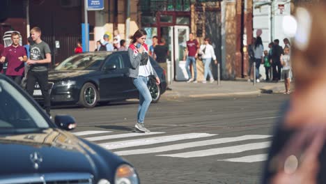 People walking on zebra. Busy city people on zebra crossing street