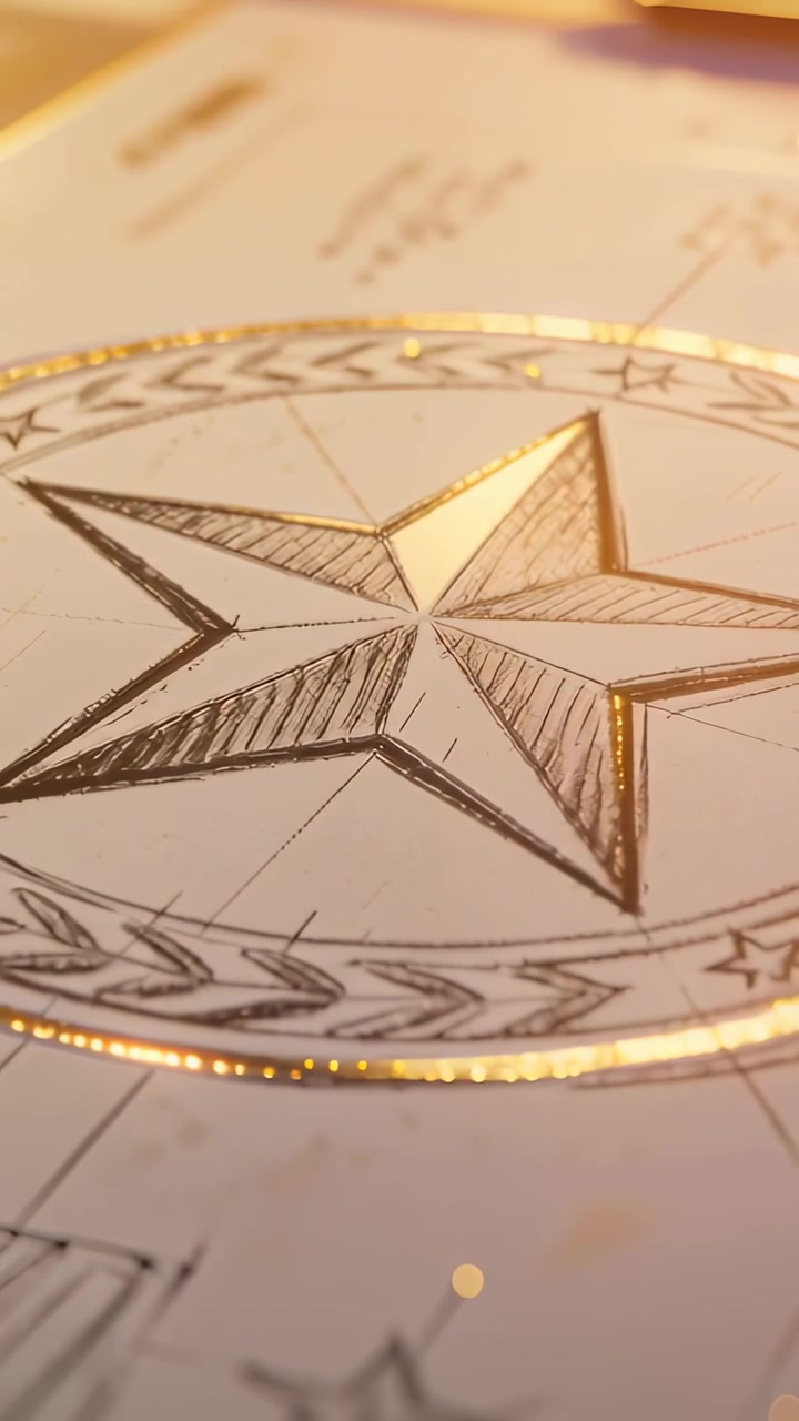 Video verticale: Telecamera che si allontana, mostrando una stella a cinque punte disegnata su una scrivania, rivelando un anello d'oro.