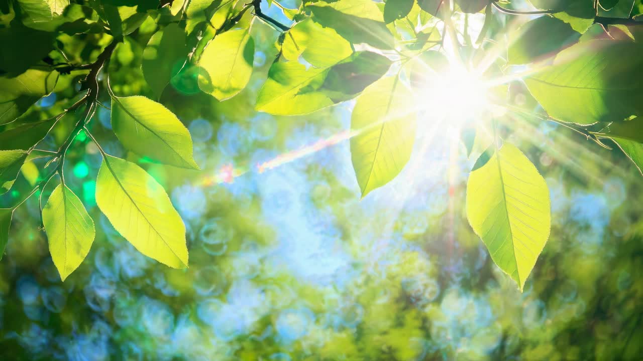 सूर्य का प्रकाश हरे भरे पत्तों से छनकर आ रहा है, जिसे नीचे के कोण से लिया गया है, जिससे एक शांत वातावरण बन रहा है।