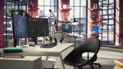 modern desktop setup in an it agency shows a visual coding interface